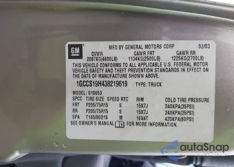 2003 Chevrolet S-10 Ls from USA, damaged, VIN 1GCCS19H438219619